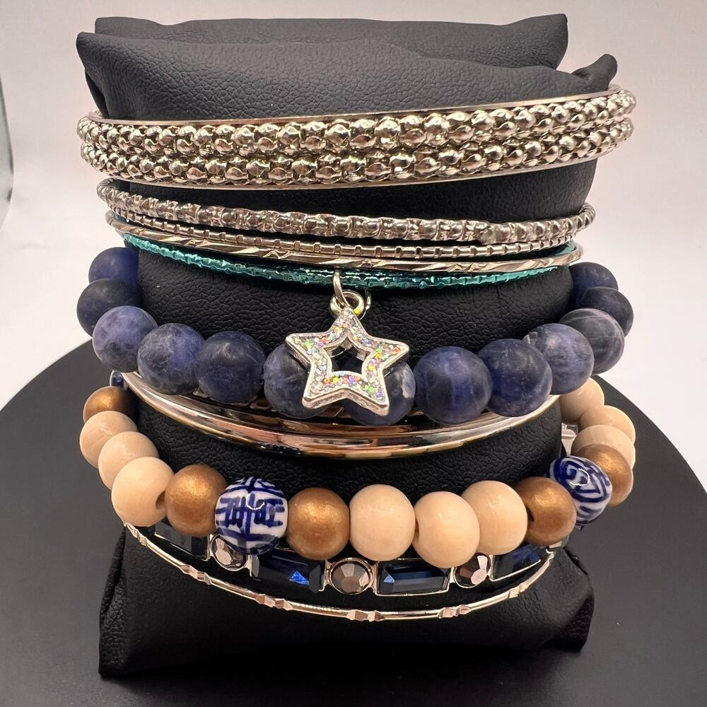 Eclectic Stacked Bangle Bracelet Lot Rhinestone Beaded Metallic Mix 12 pc